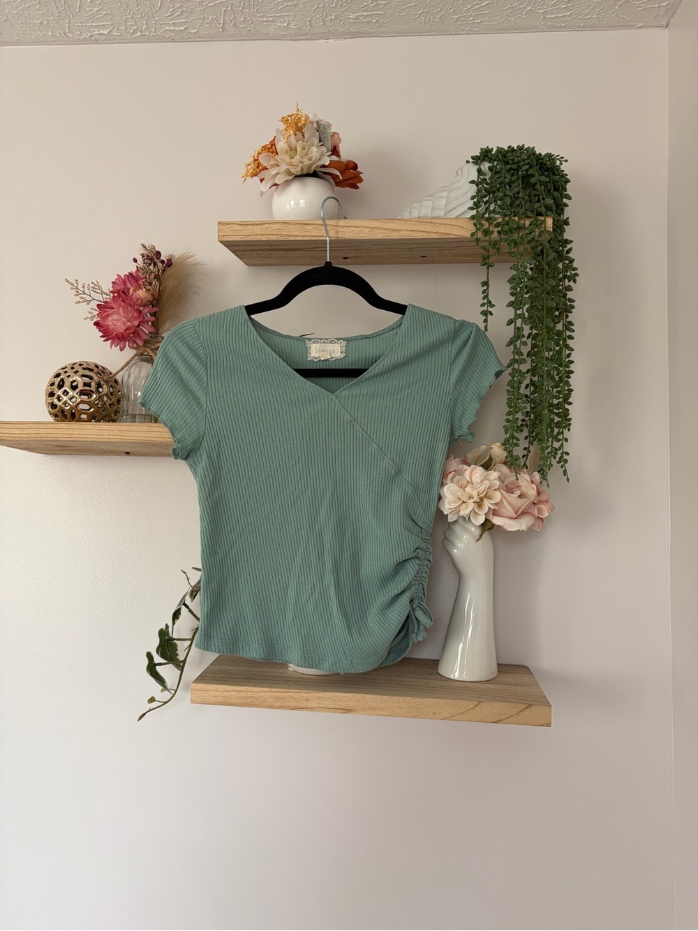 btween Sage Green Ribbed Crop Top